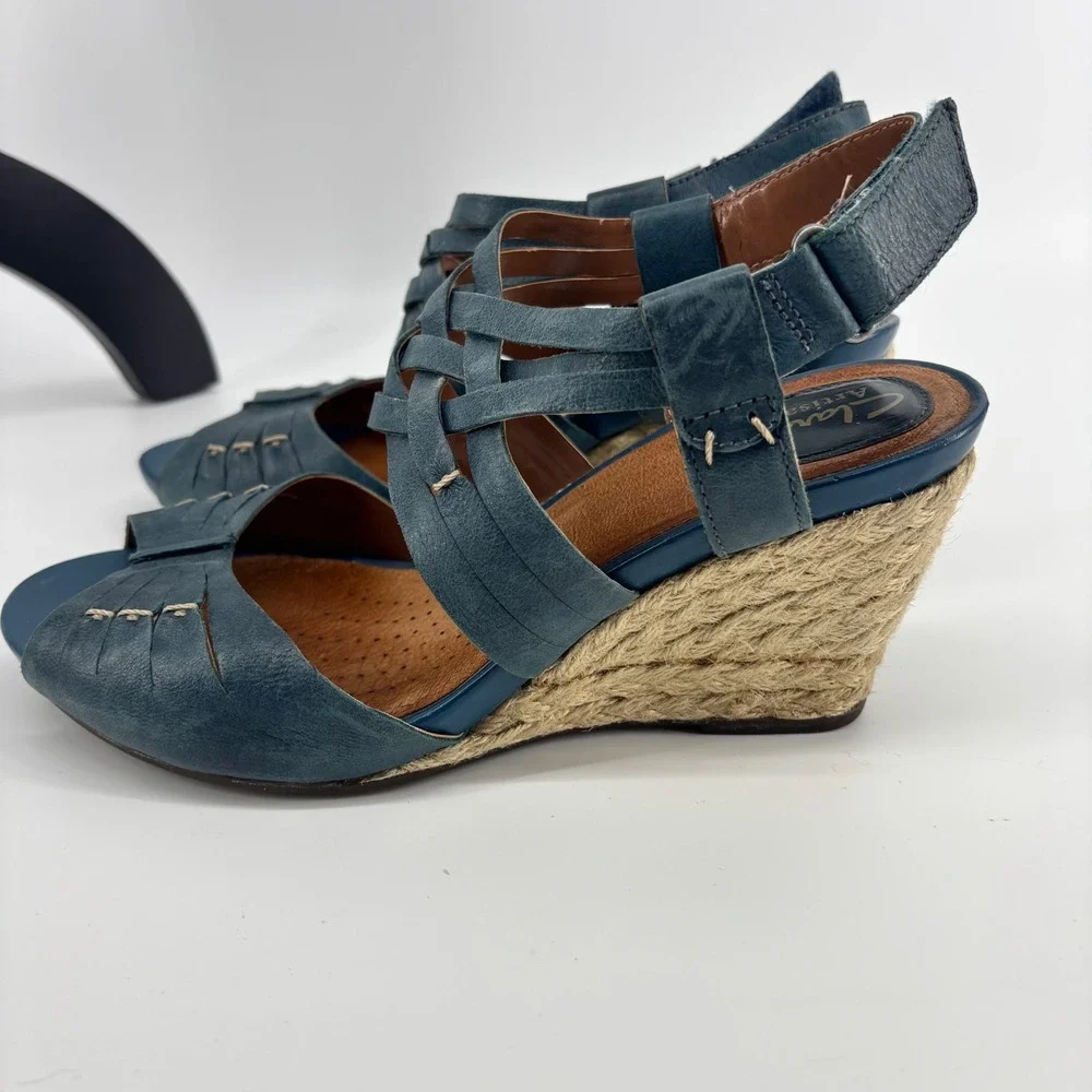 Clarks Artisan Kyna Womens Blue Leather Strappy Espadrille Wedge Sandal 7.5 Boho